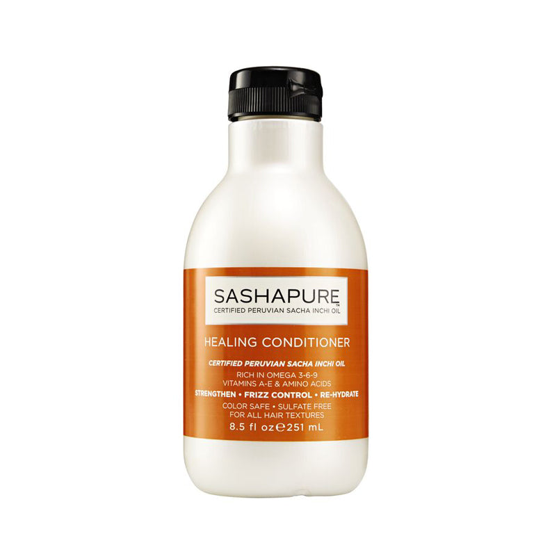 SASHAPURE healing conditioner for damaged hair in white 8.5 fl oz bottle with orange label and black cap