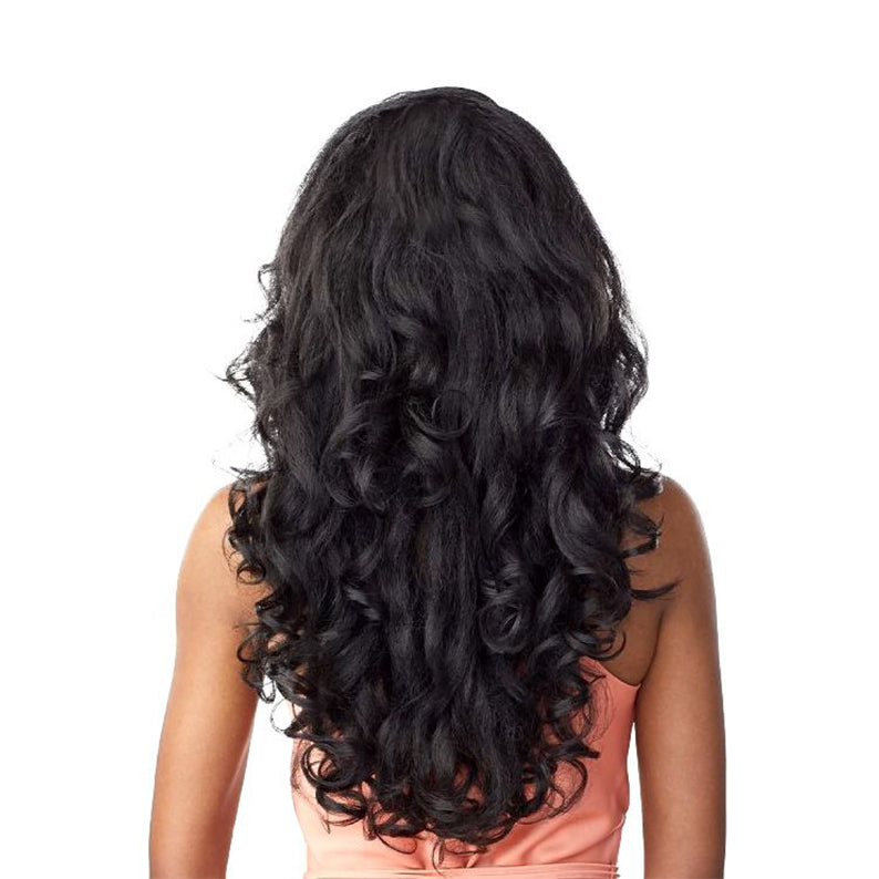 SENSATIONNEL instant weave drawstring half wig long black wavy curls shown from back