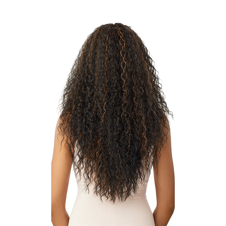 OUTRE 13x6 lace frontal wig long dark brown curly hair with caramel highlights back view