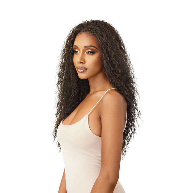 OUTRE 13x6 lace frontal wig long curly dark brown with honey blonde highlights and natural hairline