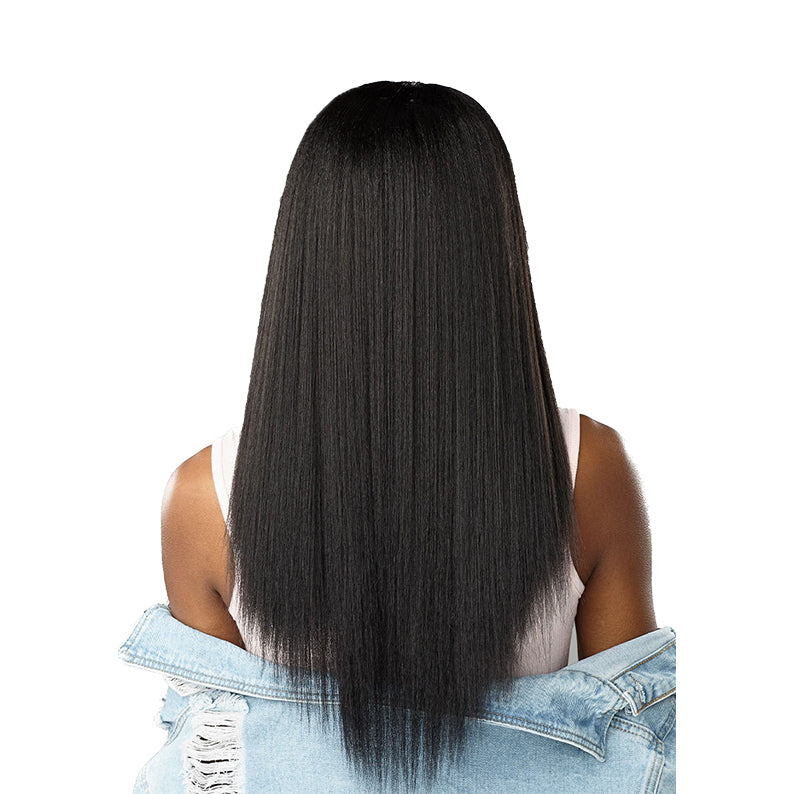 Sensationnel 18 inch clip in hair extensions in sleek straight black worn by woman from back