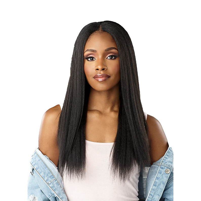 SENSATIONNEL 18 inch clip in hair extensions shown on a woman with long straight natural black hair