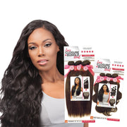 SENSATIONNEL body wave lace closure bundle displayed with long natural black waves on model