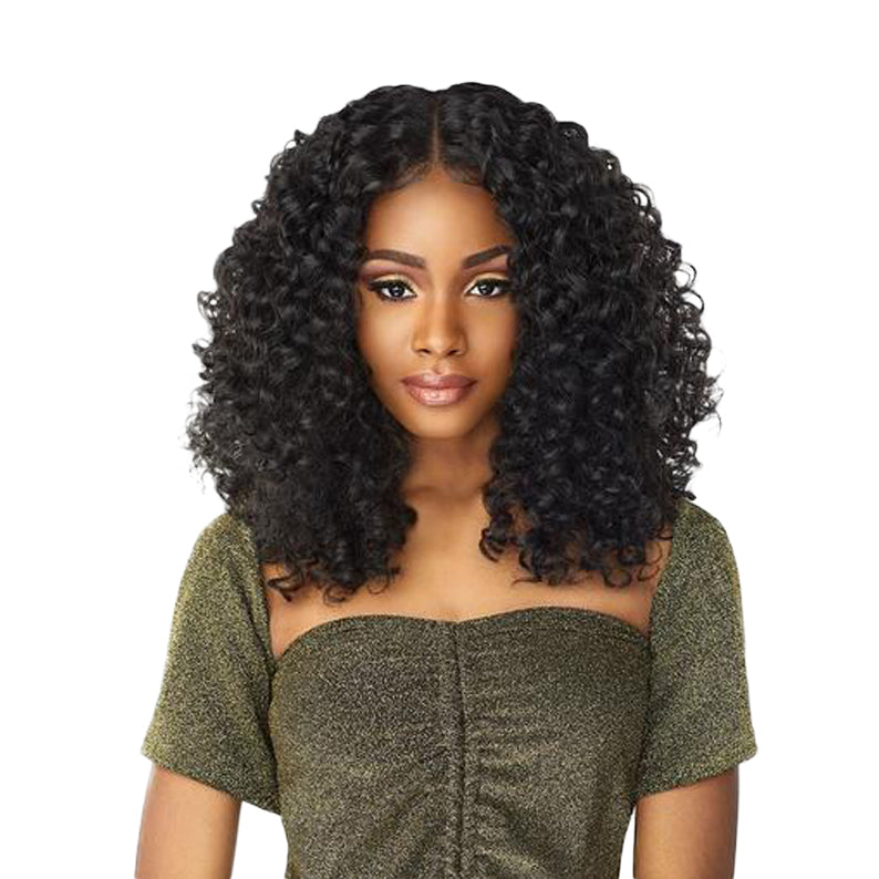 Black model wearing SENSATIONNEL Butta Lace Unit 5 wig shoulder length curly center part natural hairline