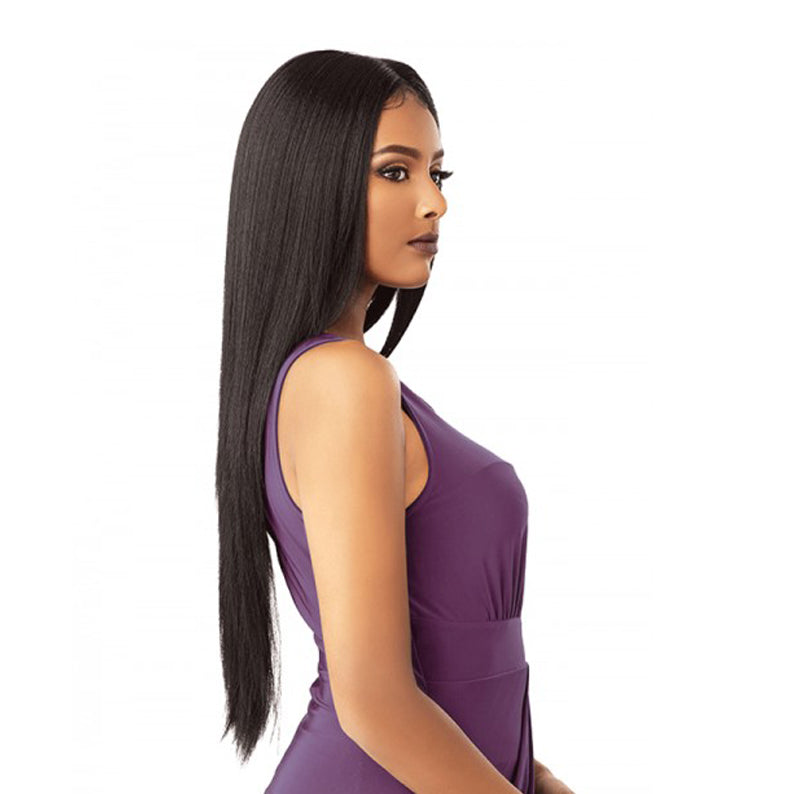 SENSATIONNEL model wearing Cloud 9 Janelle Swiss lace front wig. Sleek long straight dark brown hair