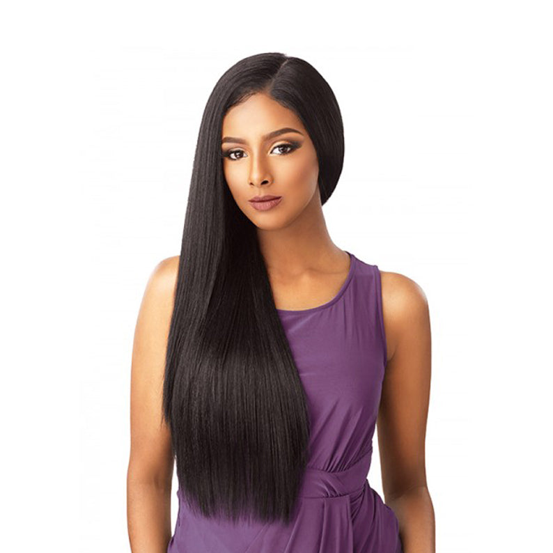 SENSATIONNEL Cloud 9 Janelle Swiss lace front wig. Long straight jet black wig with middle part