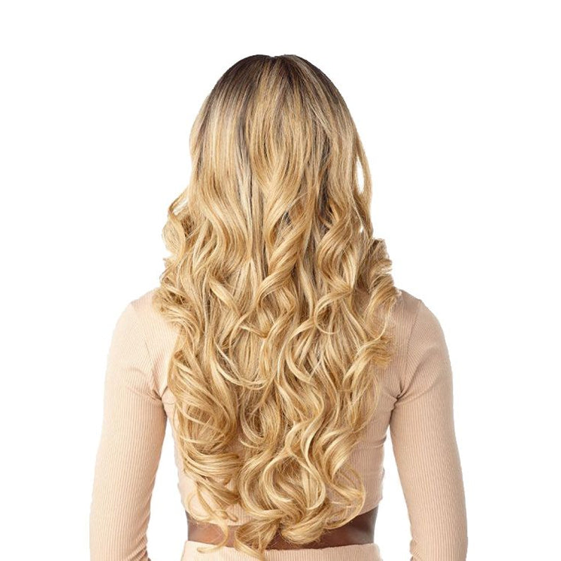 Sensationnel Cloud 9 Rashana HD lace wig long honey blonde wavy hair with dark roots back view