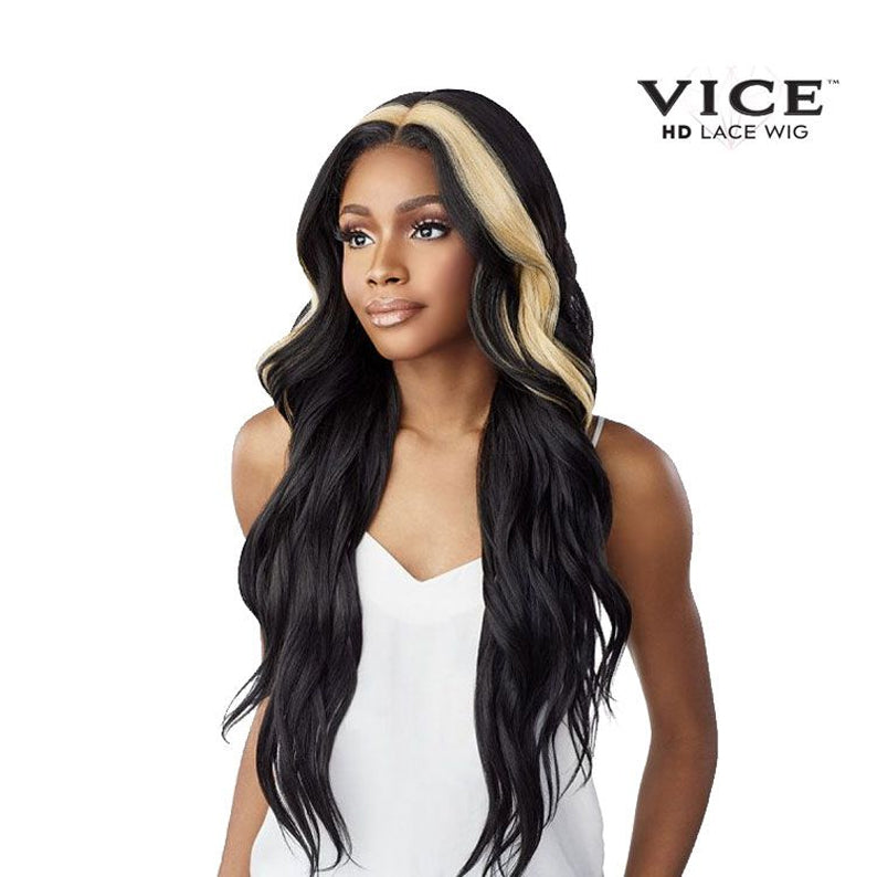 Model wearing black long wavy lace front wig with blonde face framing highlights Sensationnel Vice Unit 12 lace front wig