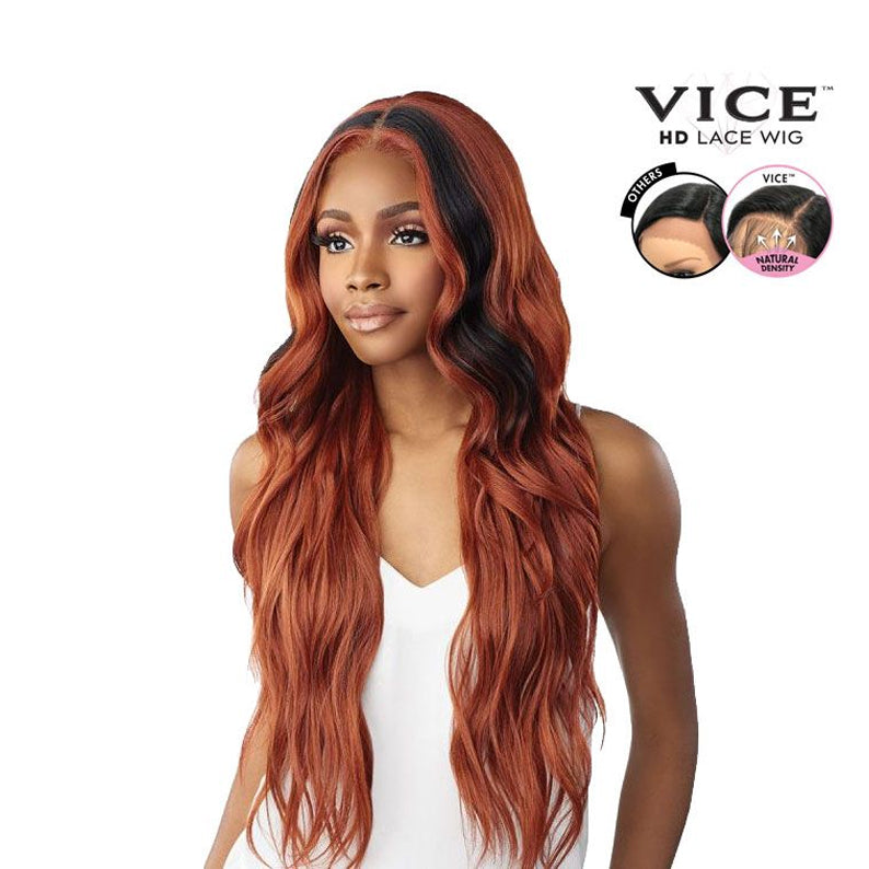 Model wearing Sensationnel Vice Unit 12 lace front wig long wavy copper hair with dark roots and middle part