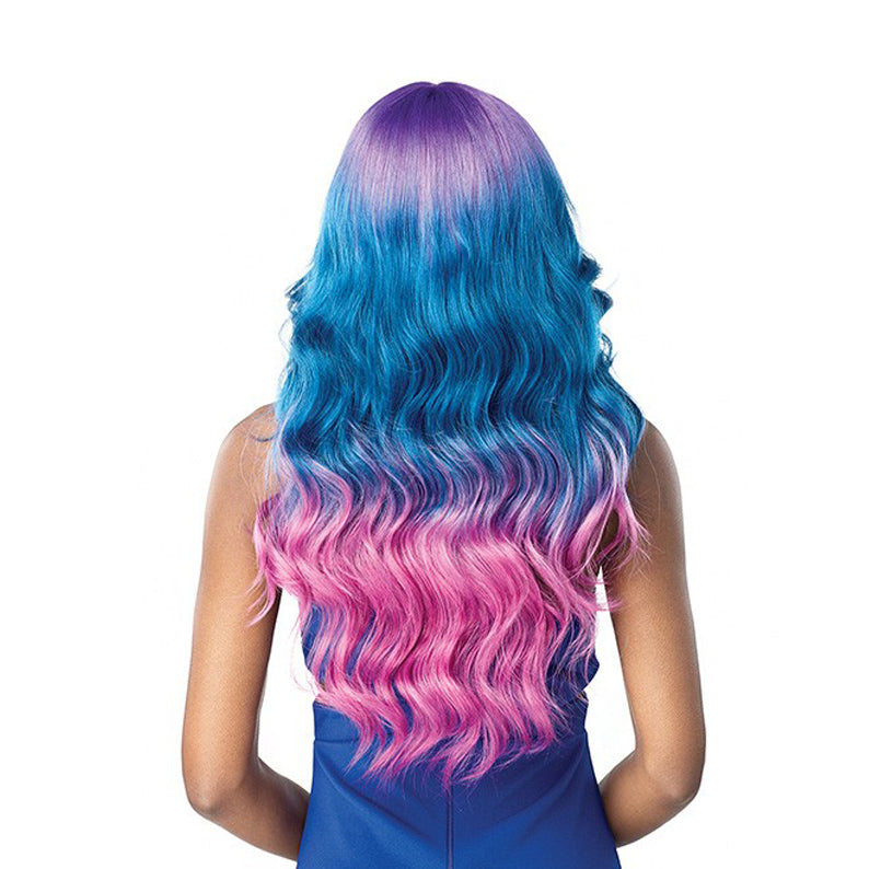 SENSATIONNEL shear muse lace front wig long wavy ombre with purple roots blue mid and pink ends shown from back