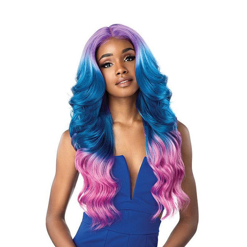 SENSATIONNEL shear muse lace front wig vibrant purple blue to pink long wavy synthetic hair