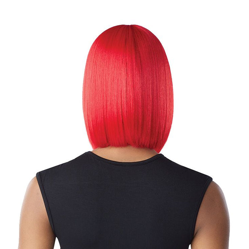 Back view SENSATIONNEL hd lace front wig red blunt straight bob on model with black sleeveless top