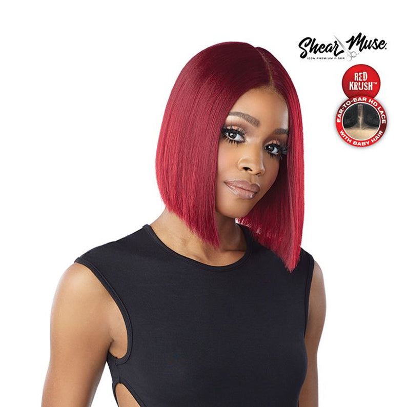 SENSATIONNEL hd lace front wig red straight blunt bob with center part and natural hairline on model