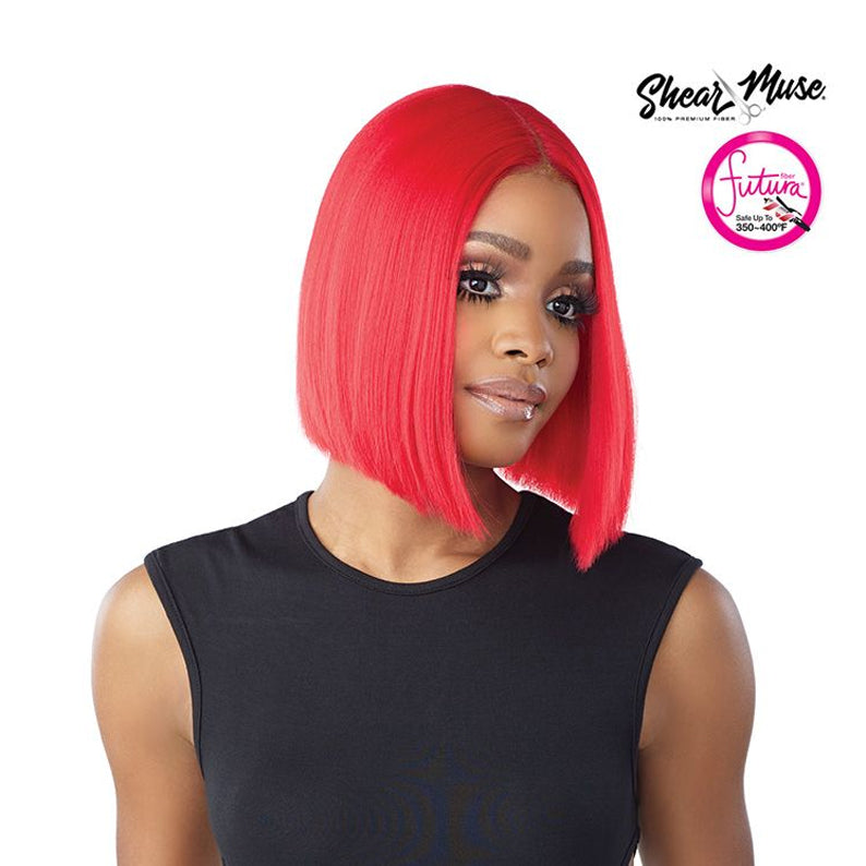 SENSATIONNEL hd lace front wig red straight blunt bob with center part sleek shoulder length on model