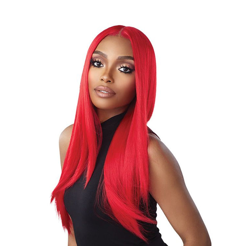 SENSATIONNEL red HD lace front wig long straight vibrant red center part silky synthetic hair on model