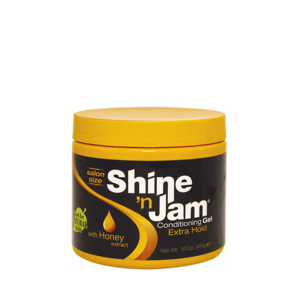 AMPRO Shine n Jam Conditioning Gel Extra Hold with Honey Extract in yellow jar for hair care