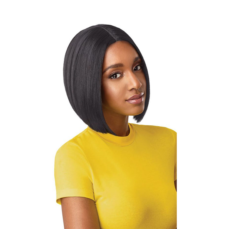 OUTRE synthetic lace front wig sleek straight black chin length bob with middle part on model