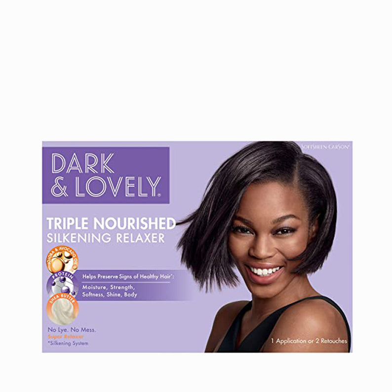 Dark and Lovely super relaxer kit Silkening Relaxer box with smiling woman with straightened hair and purple packaging