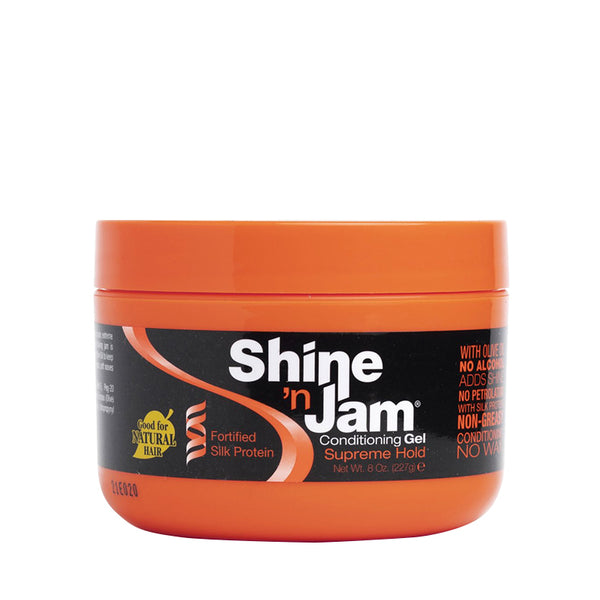 AMPRO shine n jam supreme hold gel conditioning jar for natural hair fortified with silk protein 8 oz
