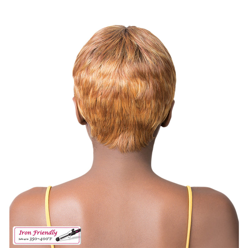 ITS A WIG short golden blonde pixie on dark skin model back view with tapered nape synthetic full cap wig for women iron friendly