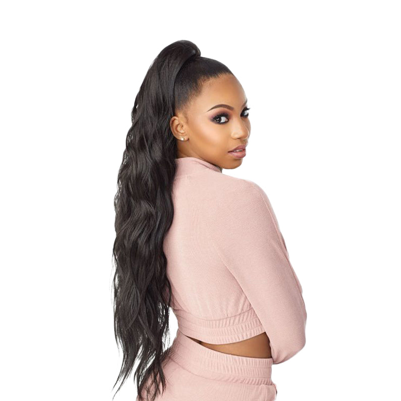 Model wearing SENSATIONNEL instant ponytail wrap hairpiece long wavy black ponytail for sleek updos