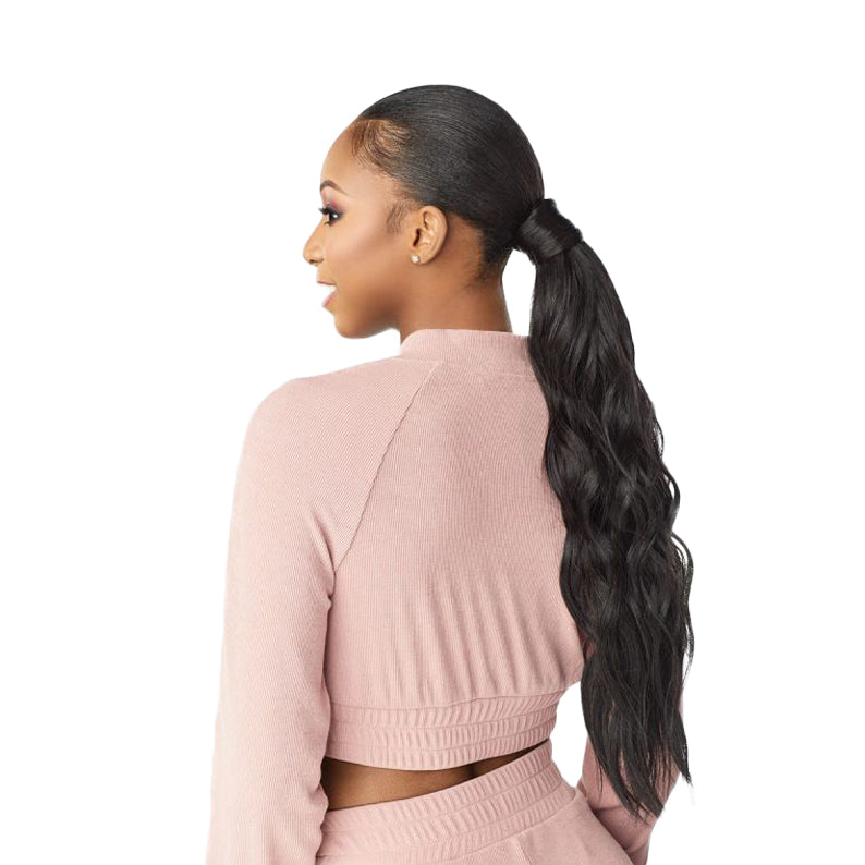 SENSATIONNEL instant ponytail wrap hairpiece long wavy black ponytail with sleek edges on model