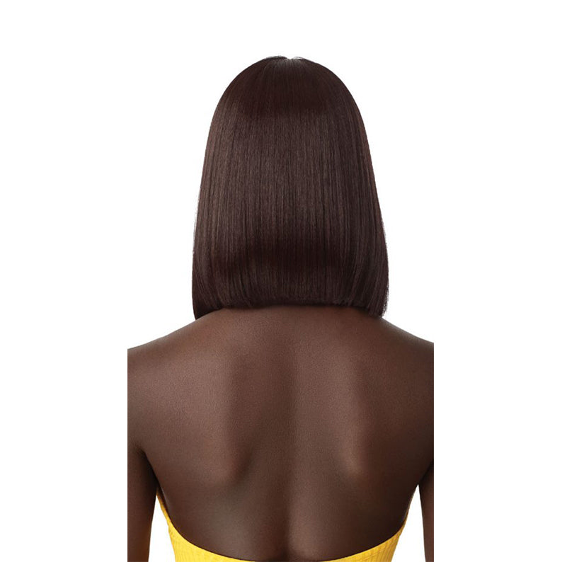 OUTRE synthetic lace front wig 14 inch straight blunt bob in dark brown shown from back on model