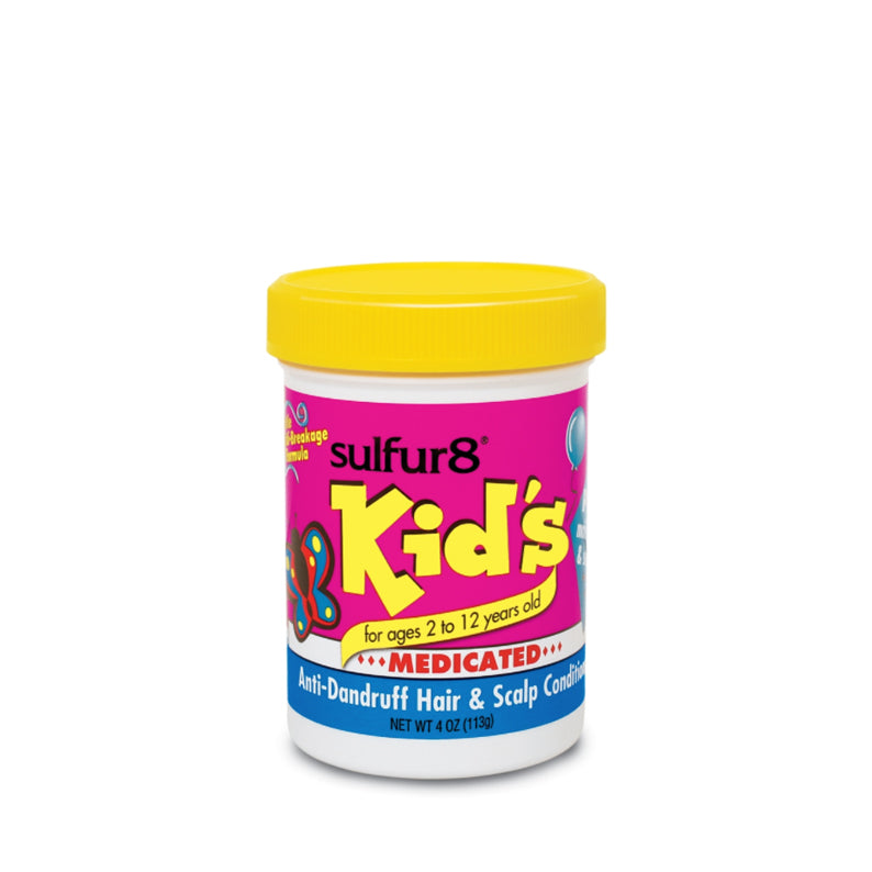 SULFUR8 Kids medicated jar with yellow lid and pink label kids anti-dandruff hair conditioner for ages 2 to 12