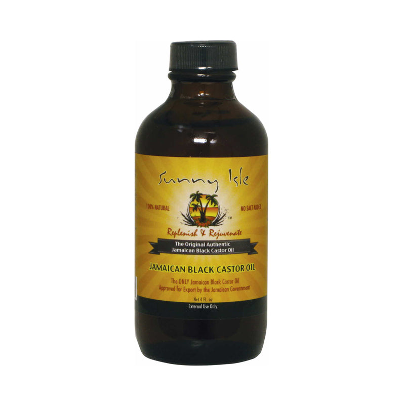 Sunny Isle Jamaican black castor oil amber bottle with yellow label and black cap for hair care and growth