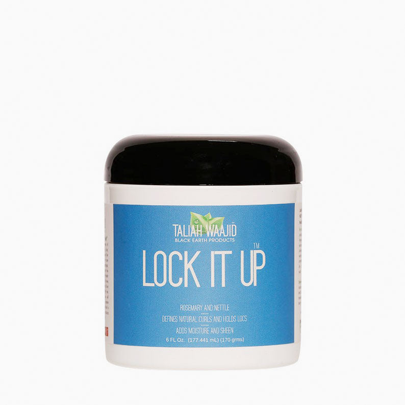 Taliah Waajid Black Earth Lock It Up gel hair styling jar with blue label and black lid for defining locs