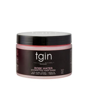 tgin rose water hydrating hair mask jar with pink cream black lid tgin logo hydrating treatment for dry hair