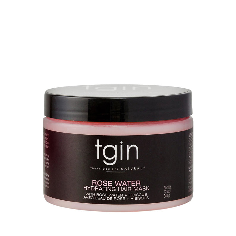 tgin rose water hydrating hair mask jar with pink cream black lid tgin logo hydrating treatment for dry hair