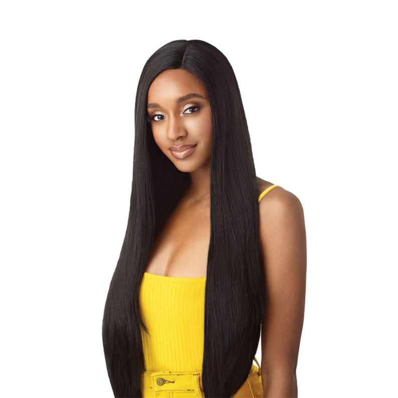 OUTRE 34 inch synthetic lace front wig long straight black center part shown on model wearing yellow top