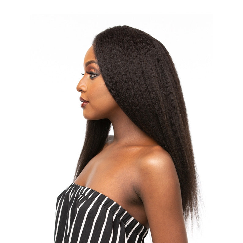 LAFLARE unprocessed Brazilian kinky hair styled long and natural on a woman with smooth texture