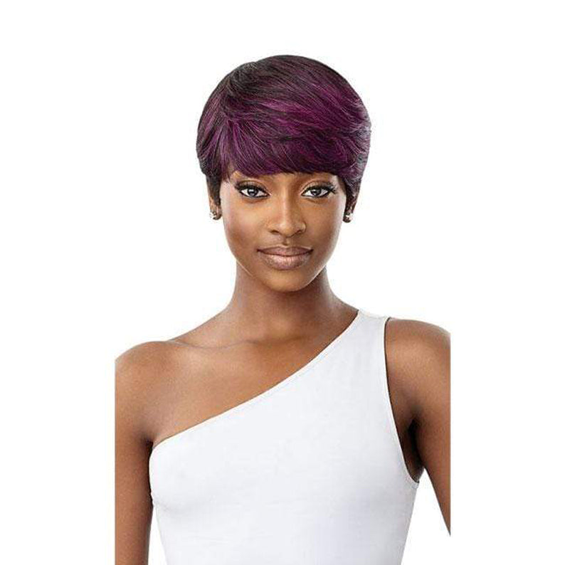 OUTRE short pixie 100% human hair full cap wig in dark brown with purple highlights on model