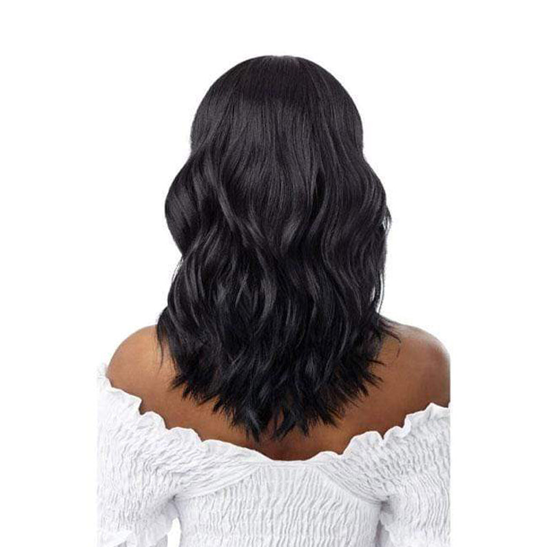 OUTRE 18 inch lace front wig synthetic black wavy shoulder length shown on model wearing white off shoulder top