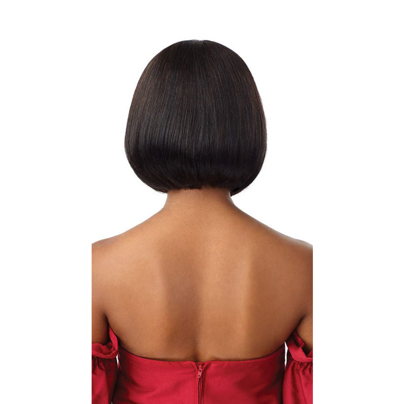 OUTRE 100 human hair bob wig sleek straight blunt cut back view on model with exposed neckline