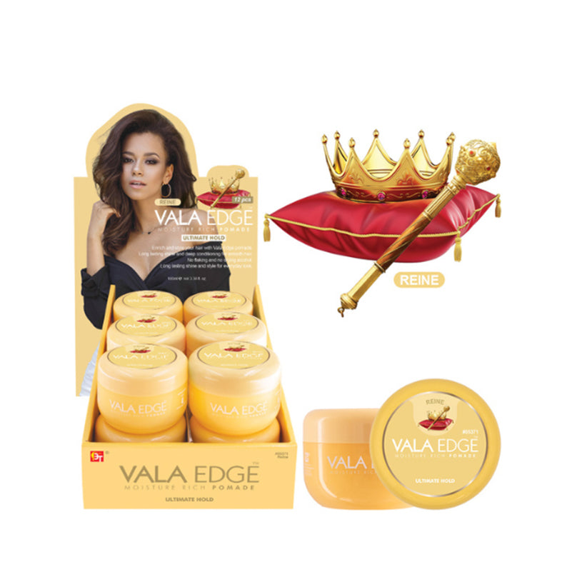 VALA EDGE display of yellow pomade jars with model and crown on pillow showing edge control pomade for natural hair