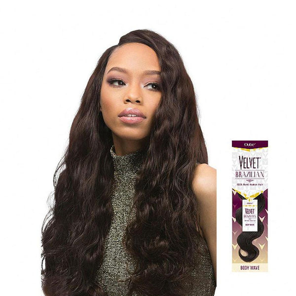 OUTRE Brazilian body wave human hair long dark wavy wig on model with product packaging