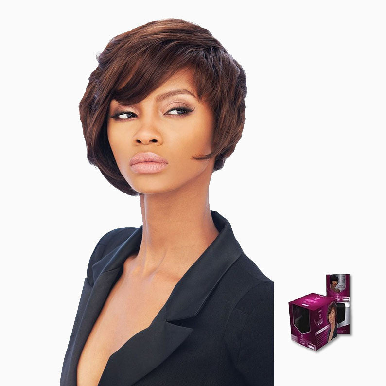 OUTRE Velvet Remi Tara weave short brown layered hairstyle on model with sleek finish