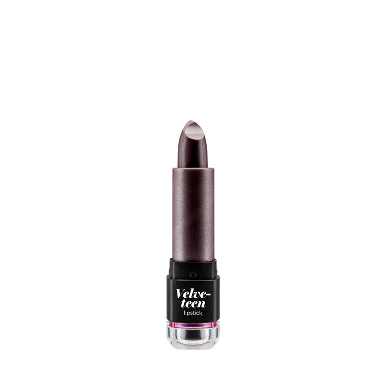 NICKA K Velveteen lipstick in dark plum shade makeup product with black and clear tube