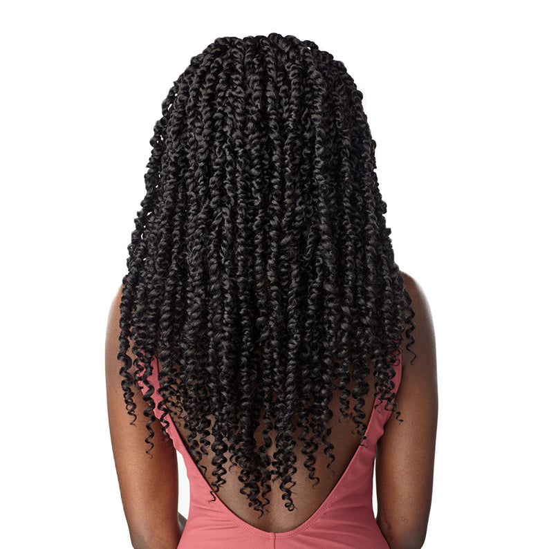 Sensationnel black curly braid hairstyle with long twists on woman wearing pink top