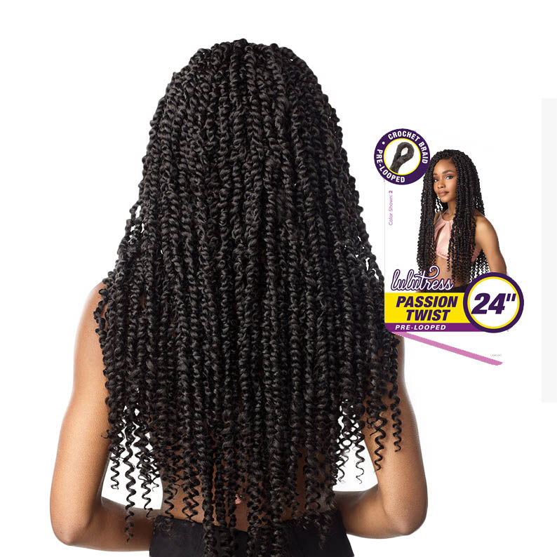 Sensationnel 24 inch pre-looped Passion Twist braid crochet hair in black on a model
