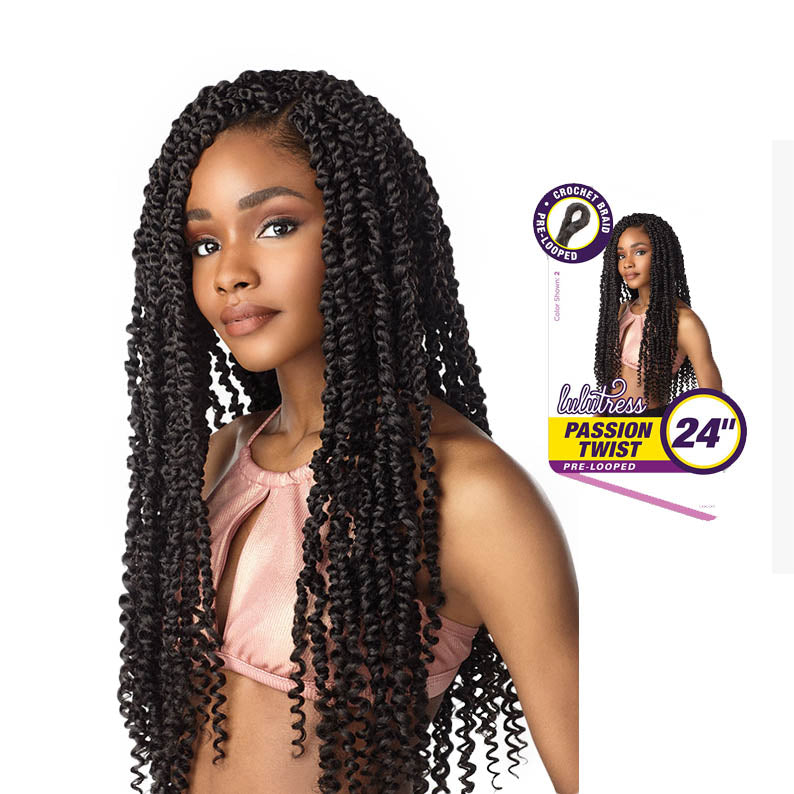 Sensationnel passion twist 24 inch pre-looped crochet braids on woman with long curly black hair