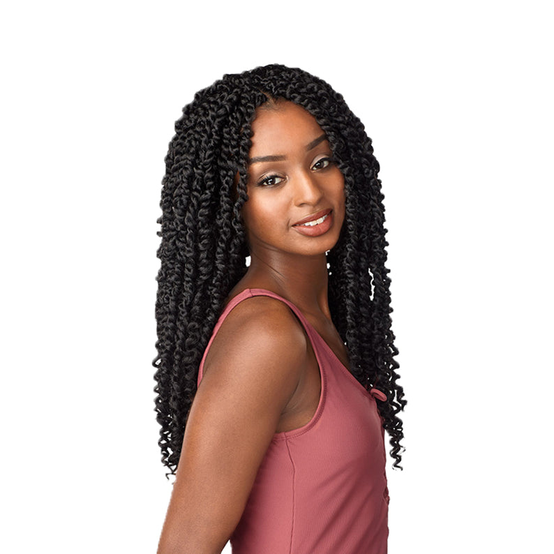 Sensationnel black twist braid hairstyle on woman with long curly braids and pink sleeveless top