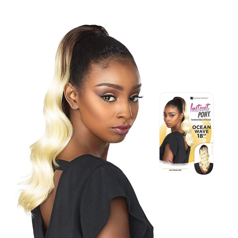 SENSATIONNEL ocean wave ponytail extension in blonde styled on woman with sleek black top