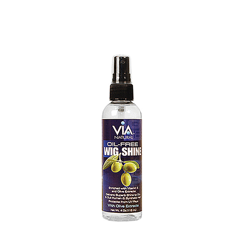 VIA NATURAL oil free wig shine spray in clear spray bottle with blue label and olive graphic for wigs