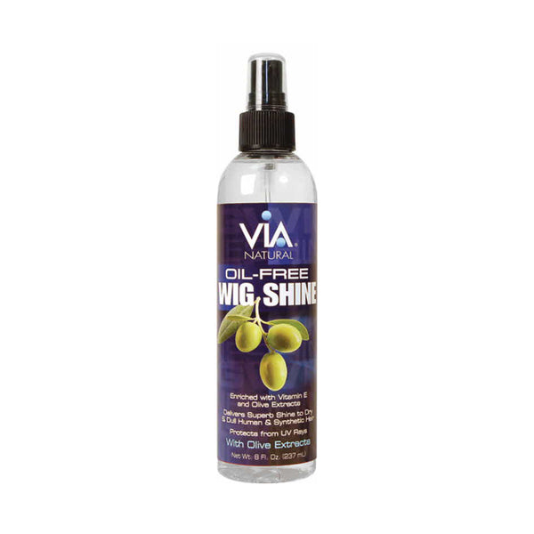 VIA NATURAL oil free wig shine spray in clear spray bottle with olive label and vitamin E