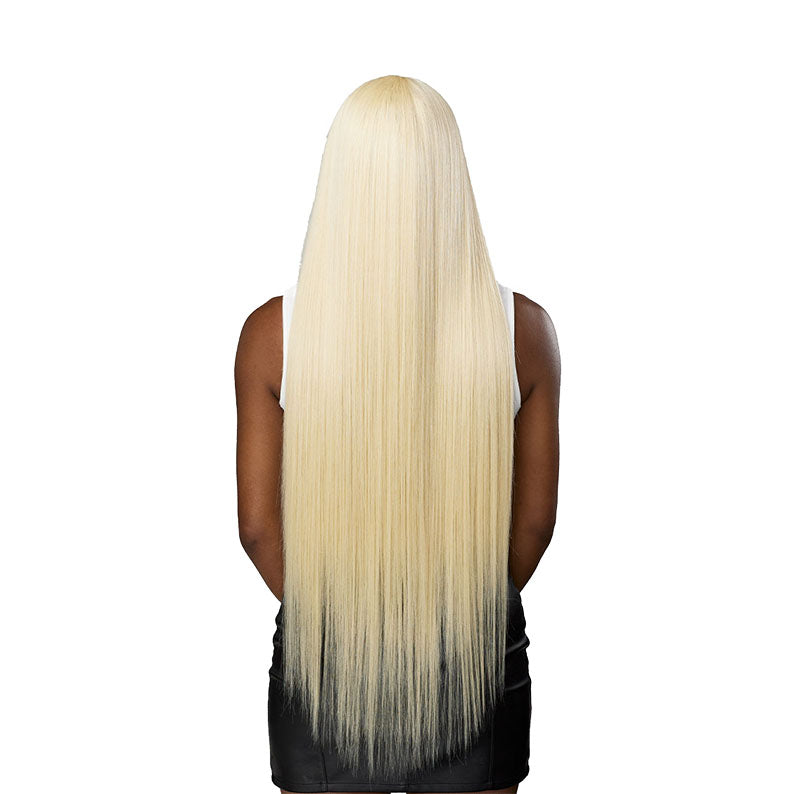 SENSATIONNEL 3X multi straight hair bundles platinum blonde long sleek waist length back view on model