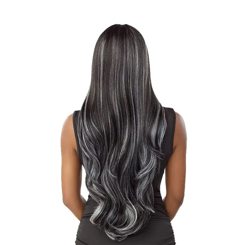 SENSATIONNEL Vice HD lace wig long black with silver balayage waves back view layered